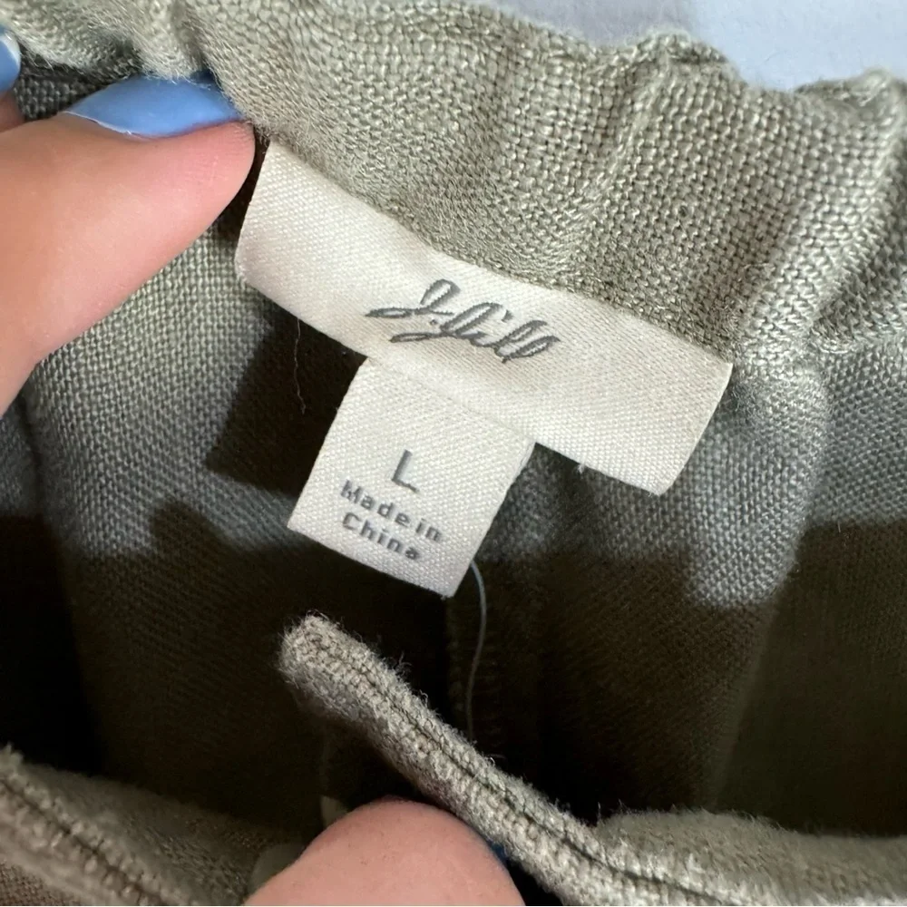 J.Jill Green Linen Straight Leg Cargo Lettuce Hem Wide Leg Pants Summer Beach
